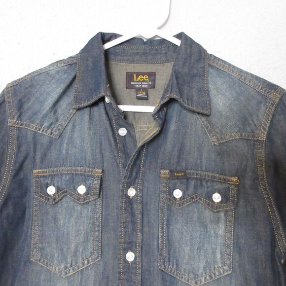 Lee Western Shirt Boy Youth Large Chambray Sawtooth Fade Pockets Cotton Rodeo - Picture 1 of 11